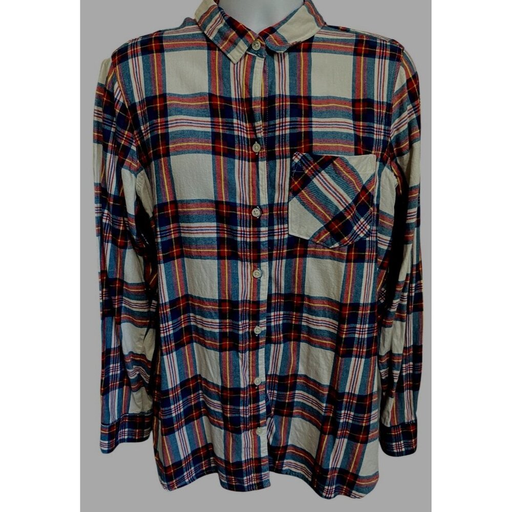 Old Navy Flannel Shirt Womens XL Tall Multicolor Plaid 100% Cotton Plaid Button